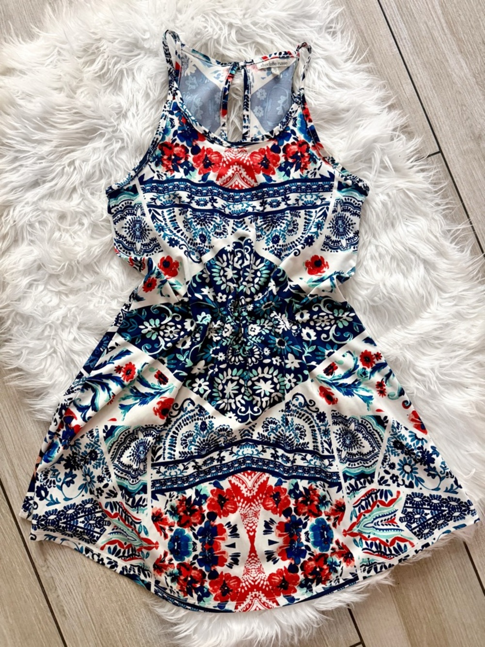 Charlotte Russe Floral Print Racerback Summer Dress - Blue, Red & White